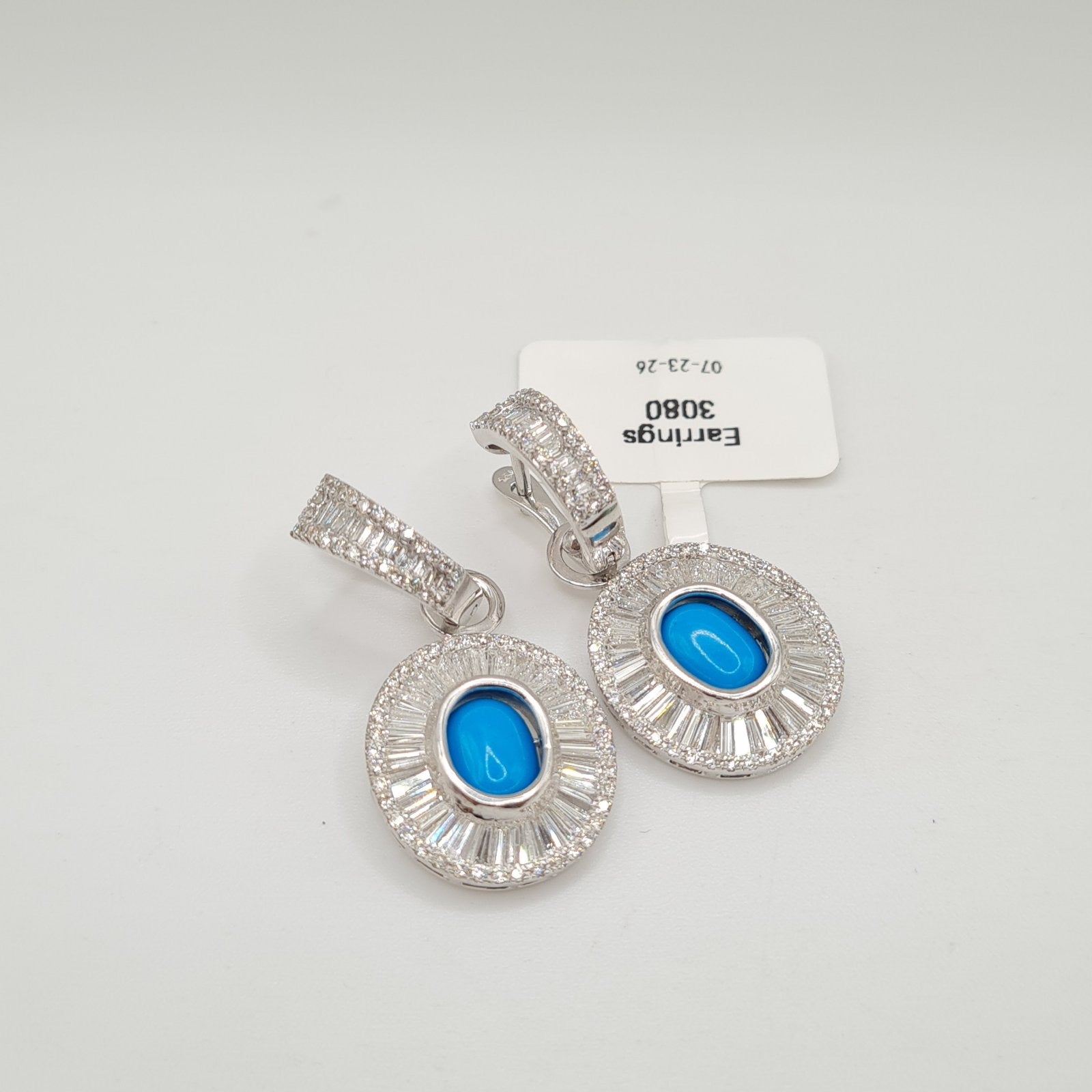 Turquoise Gemstone Oval Baguette Dangle Hoop Diamond Earrings 14K