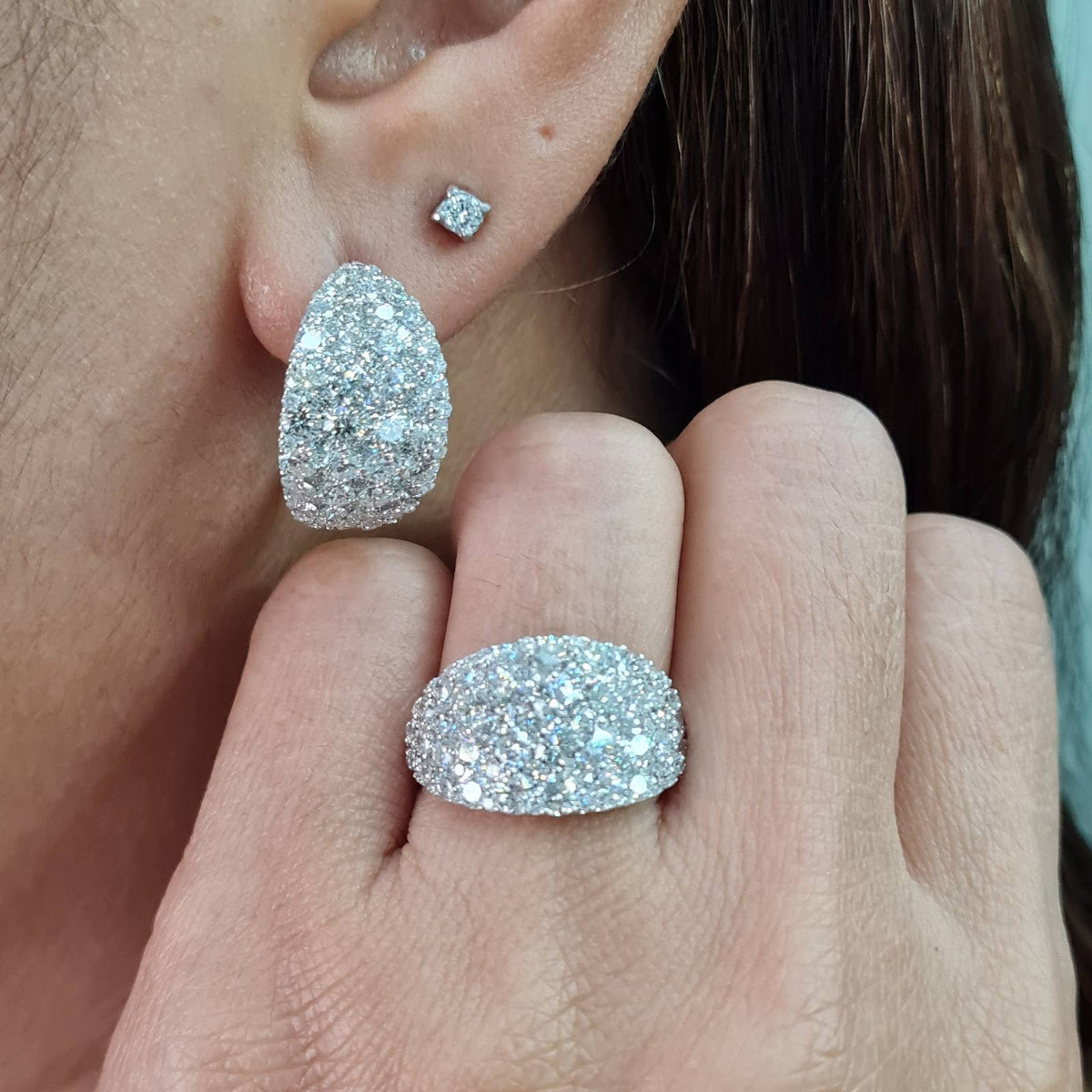 Classic Hoop Dome Paved Diamond Jewelry Set 14K