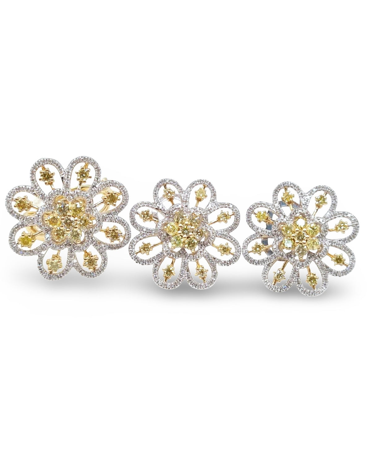 Fancy Yellow Colored Diamonds Floral Cluster Diamond Jewelry Set 14K