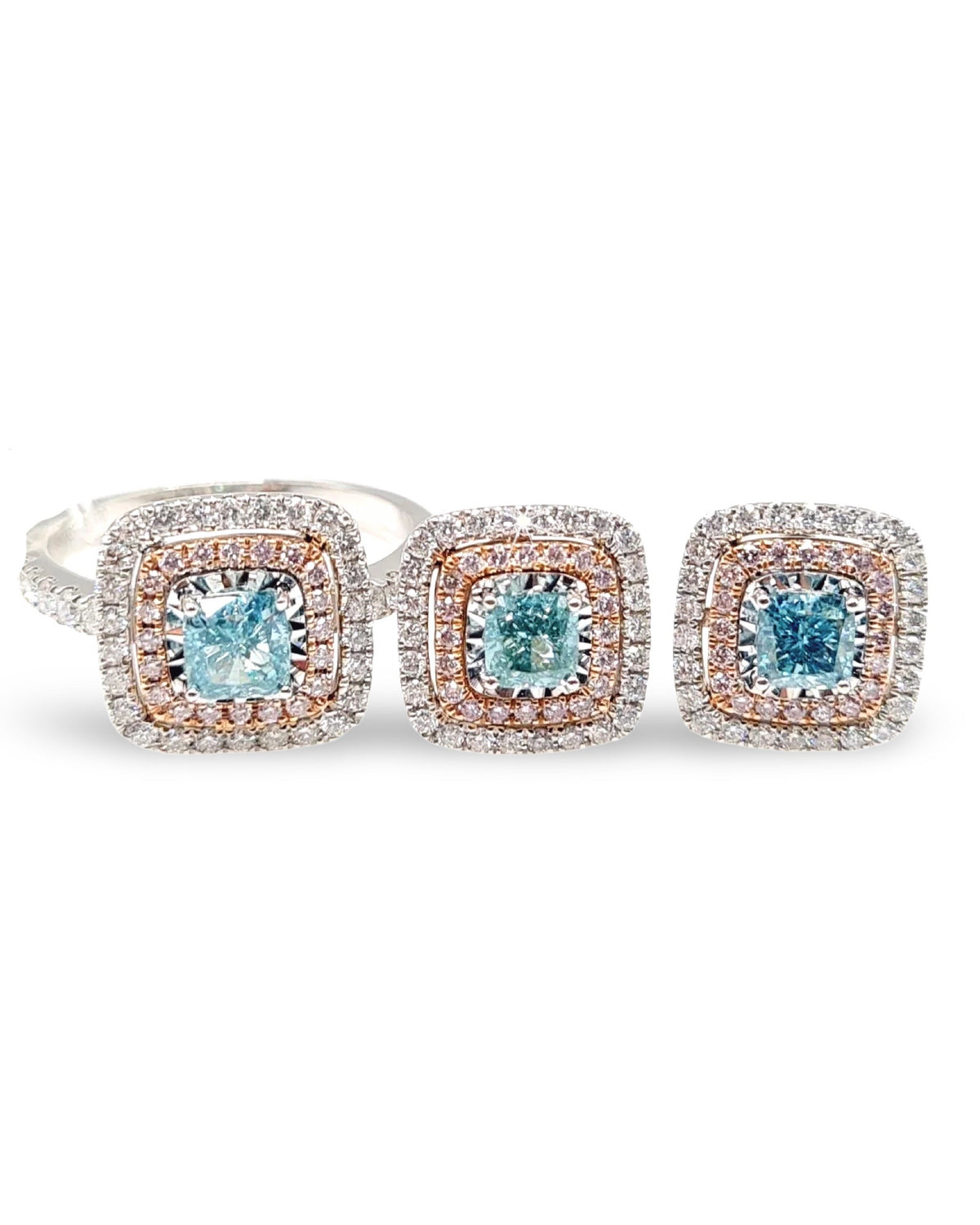 Rare Fancy Blue Diamond Cushion Stud Diamond Jewelry Set 14K