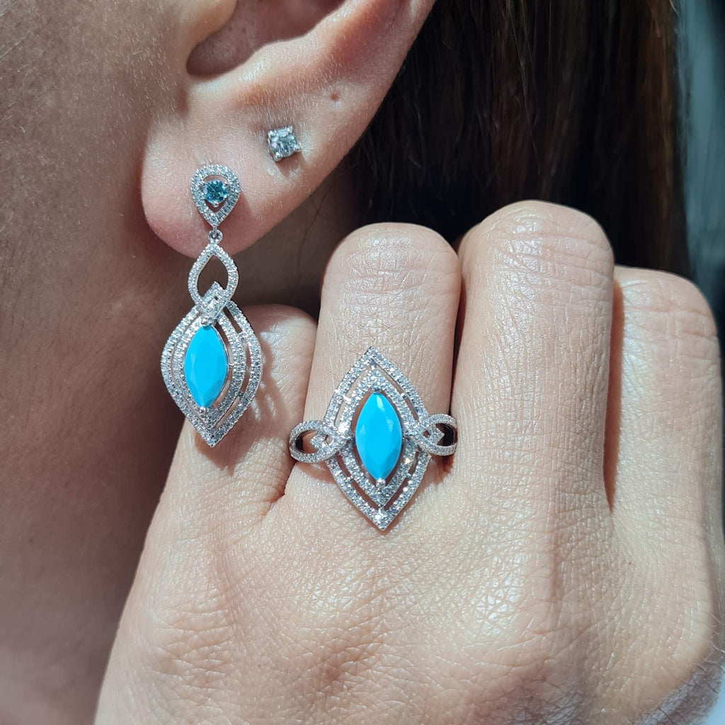 Turquoise Gemstones Marquise Halo Diamond Jewelry Set 14K