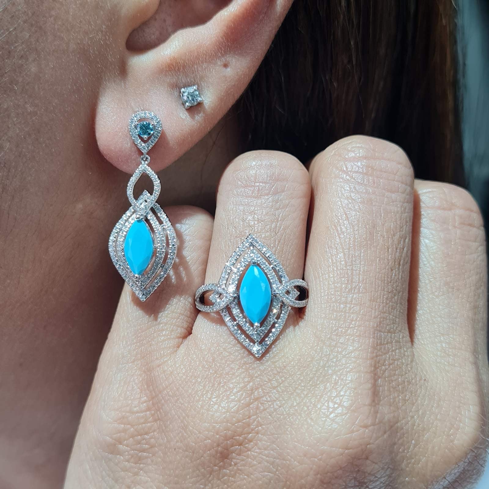 Turquoise Gemstones Marquise Halo Diamond Jewelry Set 14K
