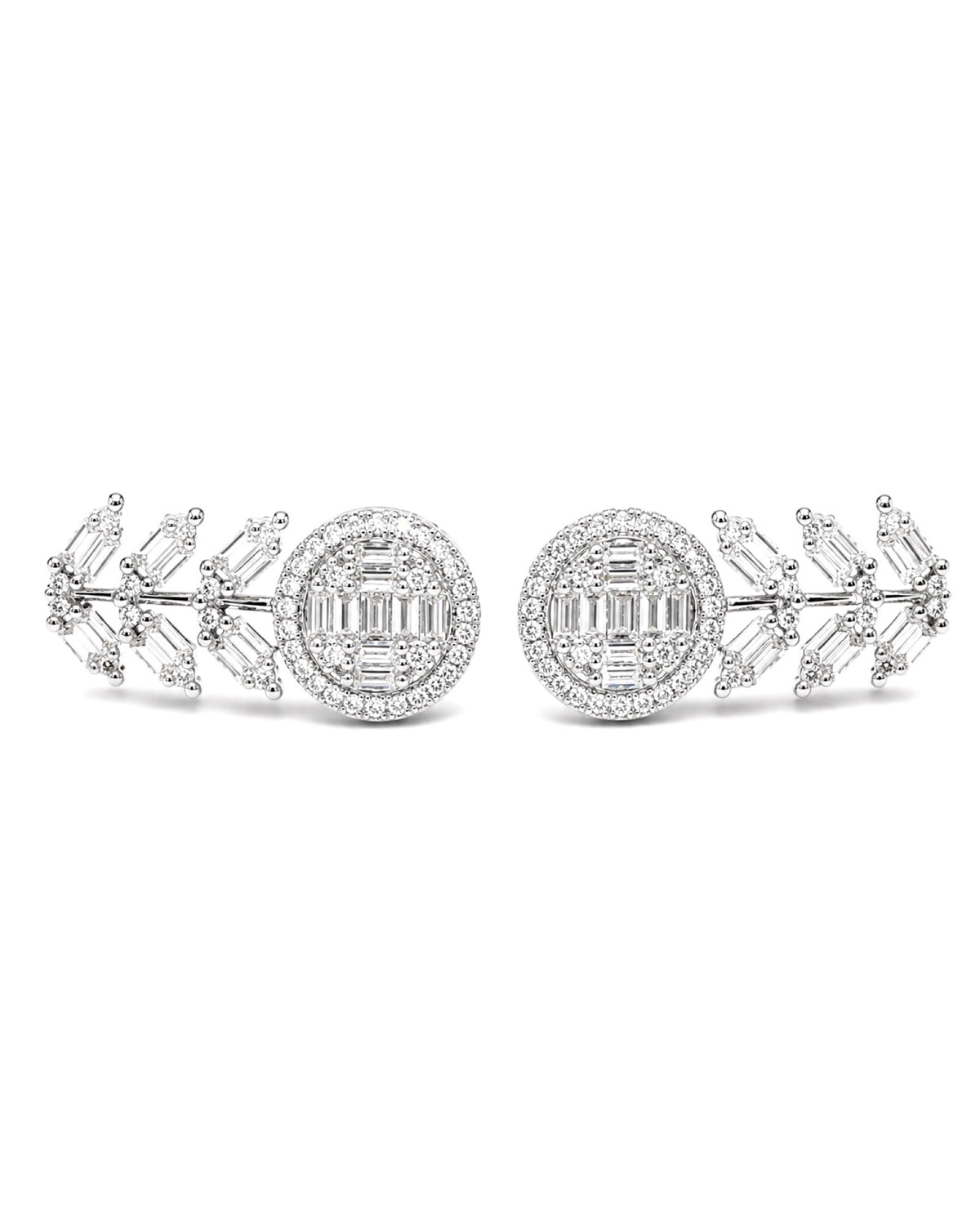 Classic Round Leaf Baguette Diamond Earrings 14K
