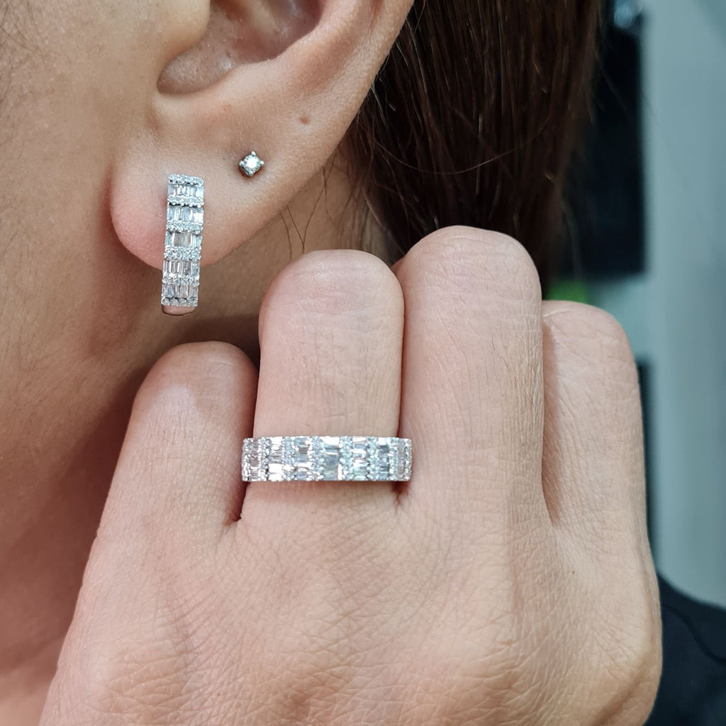 Classic Hoop Baguette Half Eternity Diamond Jewelry Set 14K