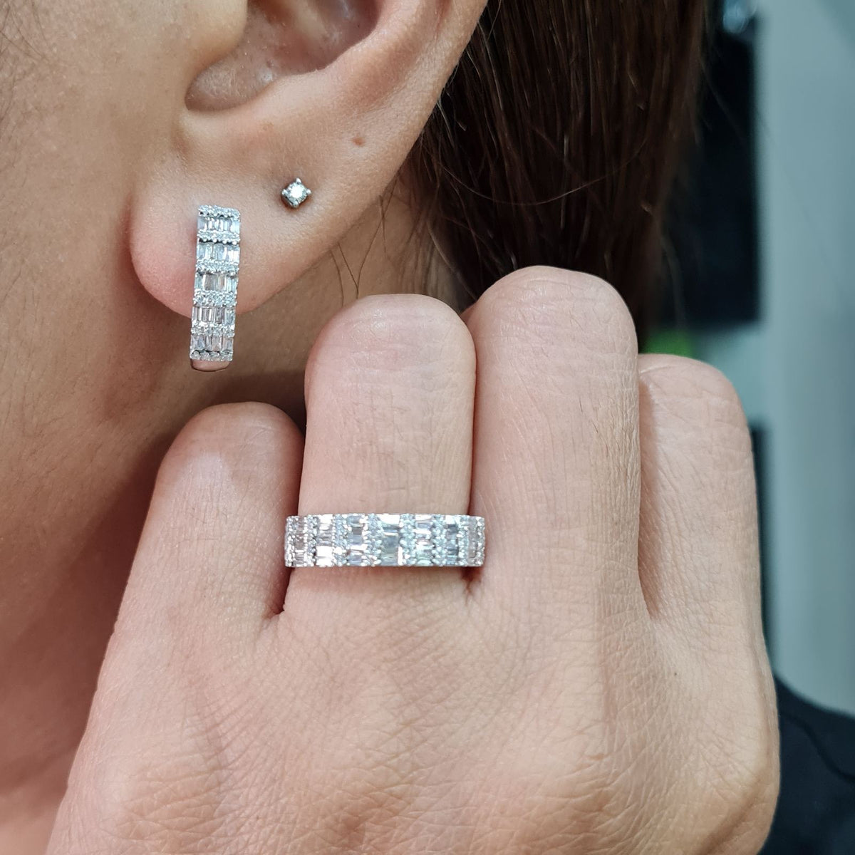 Classic Hoop Baguette Half Eternity Diamond Jewelry Set 14K