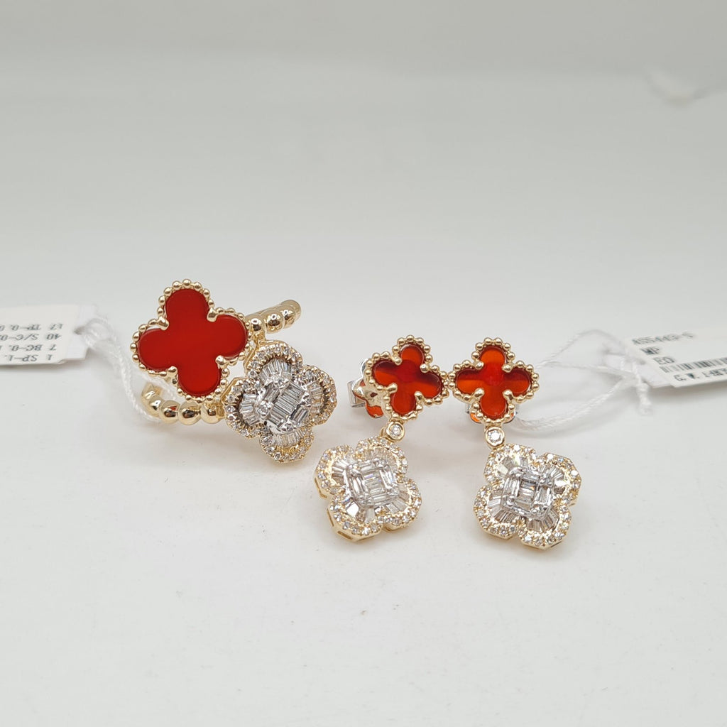 Golden Double Clover Chain Drop Diamond Jewelry Set 14K