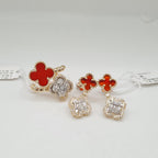 Golden Double Clover Chain Drop Diamond Jewelry Set 14K