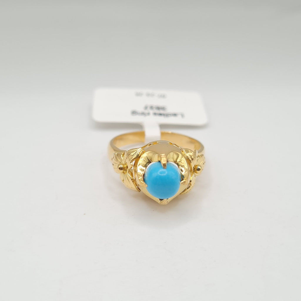 X Golden Round Turquoise Gemstones Heart Diamond Ring 22K