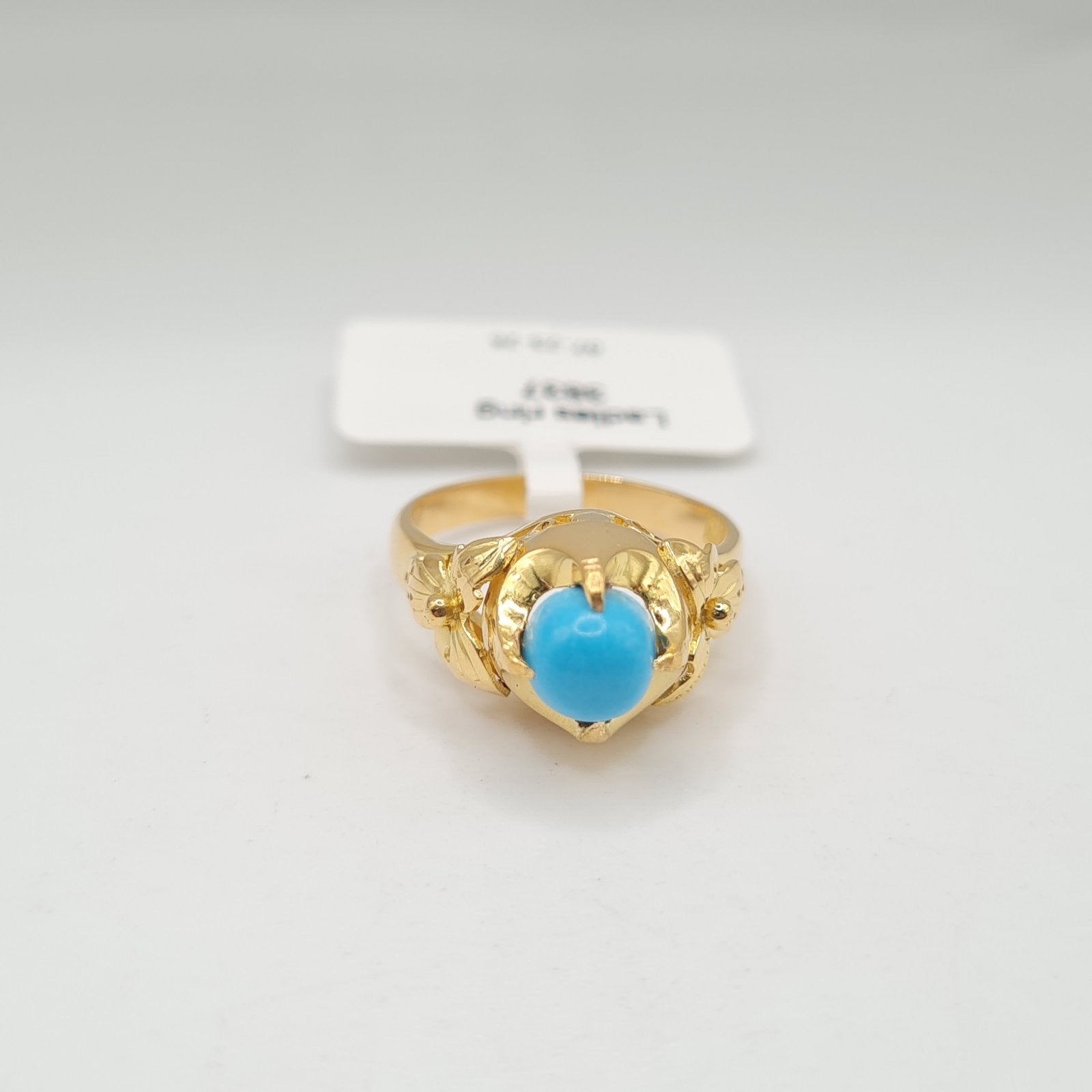 X Golden Round Turquoise Gemstones Heart Diamond Ring 22K