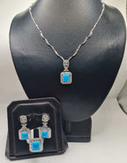 Emerald Turquoise Gemstones Halo Dangling Diamond Jewelry Set 14K