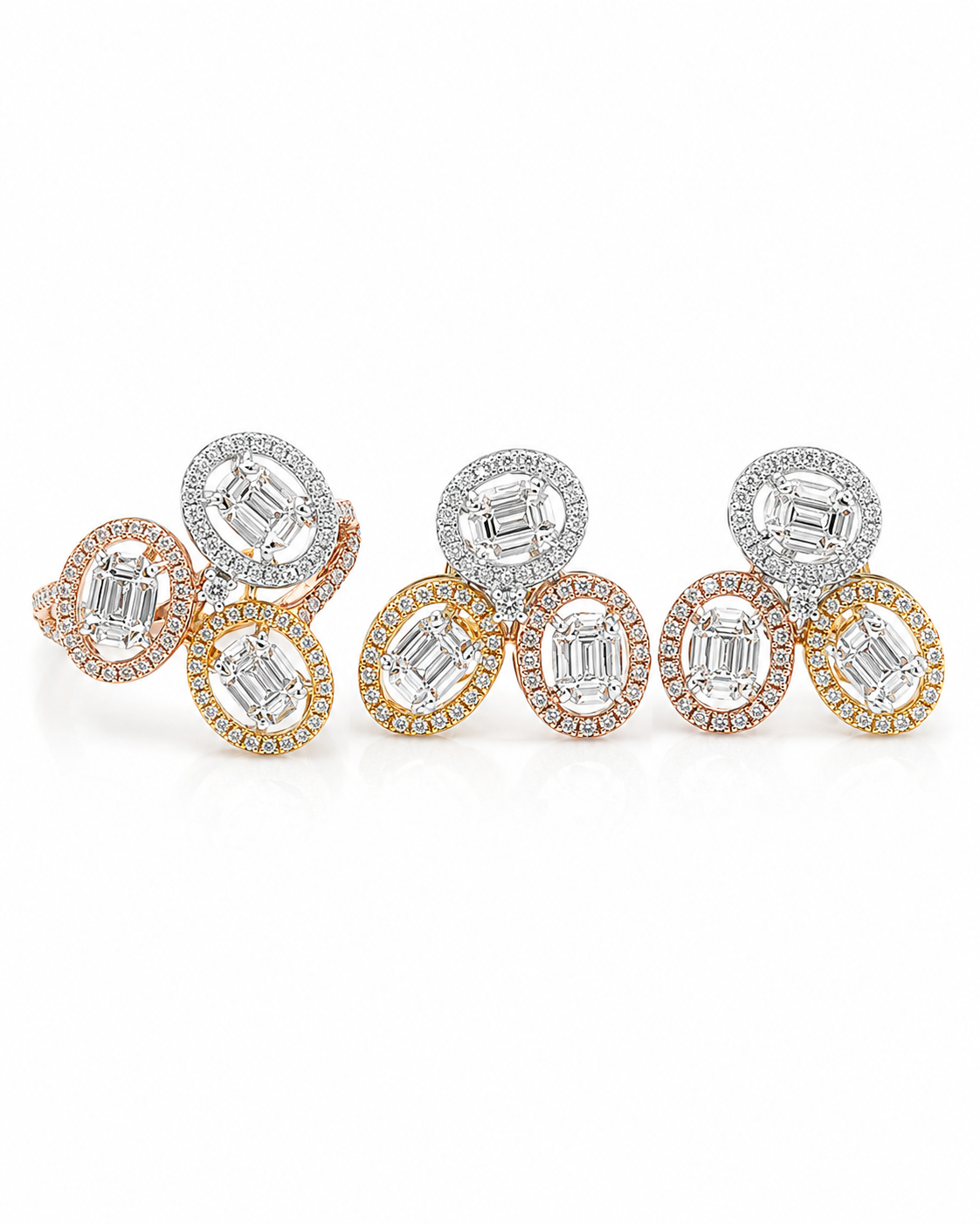 Classic Oval Three Tone Oval Baguette Halo Cluster Diamond Jewelry Set 14K