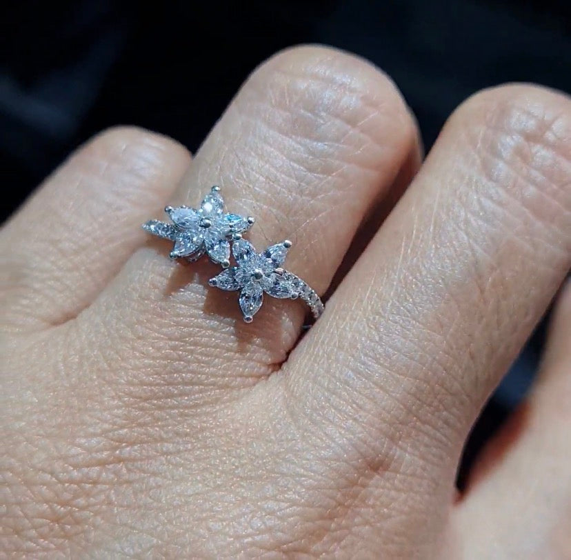 Classic Twin Floral Marquise Paved Diamond Ring 18K