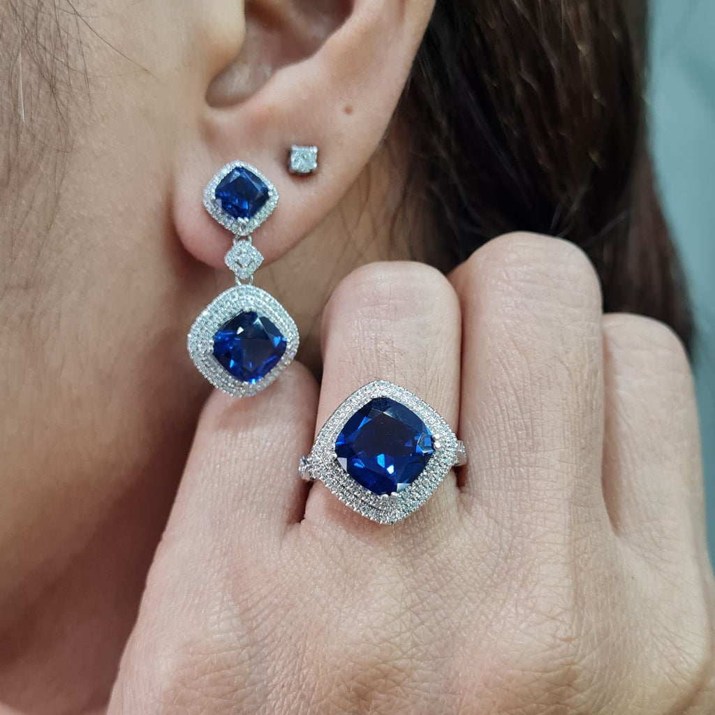 Cushion Blue Sapphire Gemstones Diamond Jewelry Set 14K