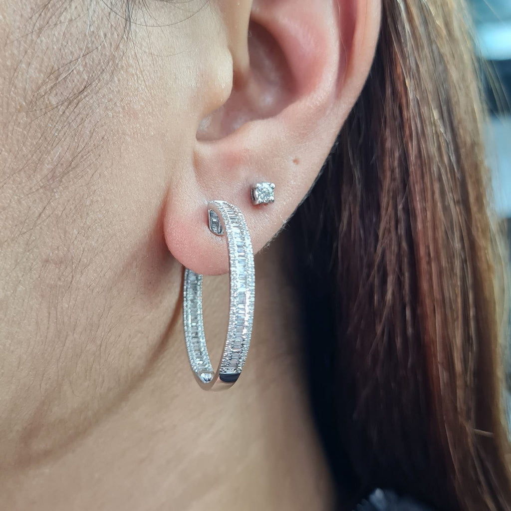 Classic Baguette Hoop Statement Diamond Earrings 14K