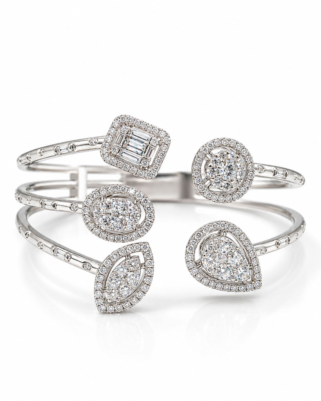 Classic Multi Shape Open Cuff Paved Diamond Bracelet Bangle 18K