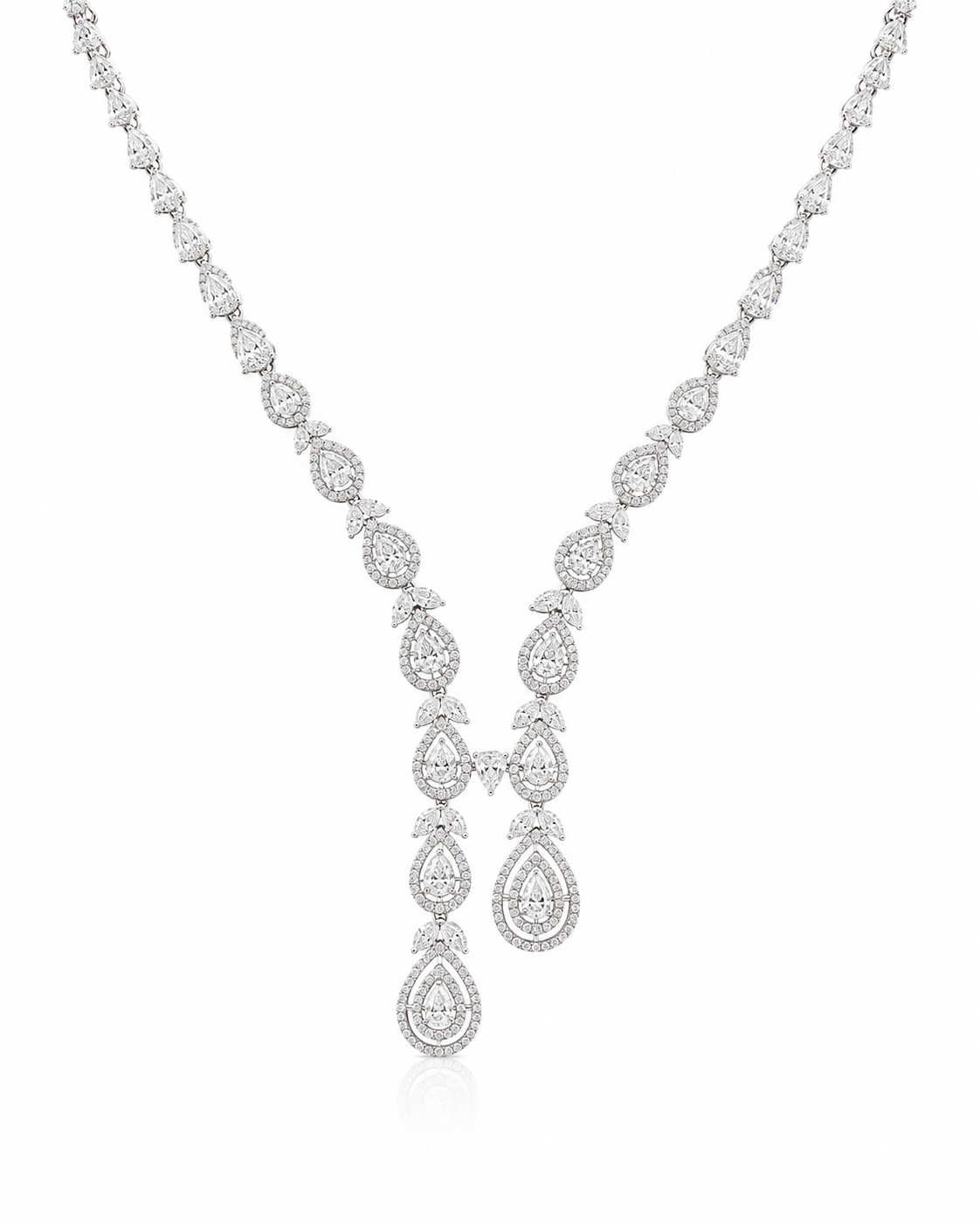 Classic Pear Shape Diamond Cluster Pave Necklace 14K