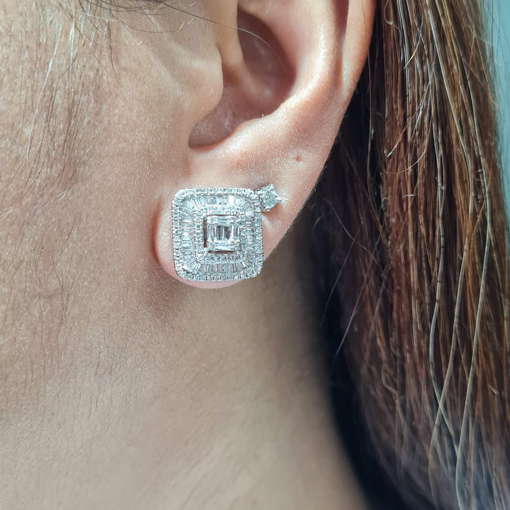 Classic Square Emerald Halo Diamond Earrings 14K