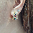 Golden Chunky Hoop Colored Gemstones Diamond Earrings 14K