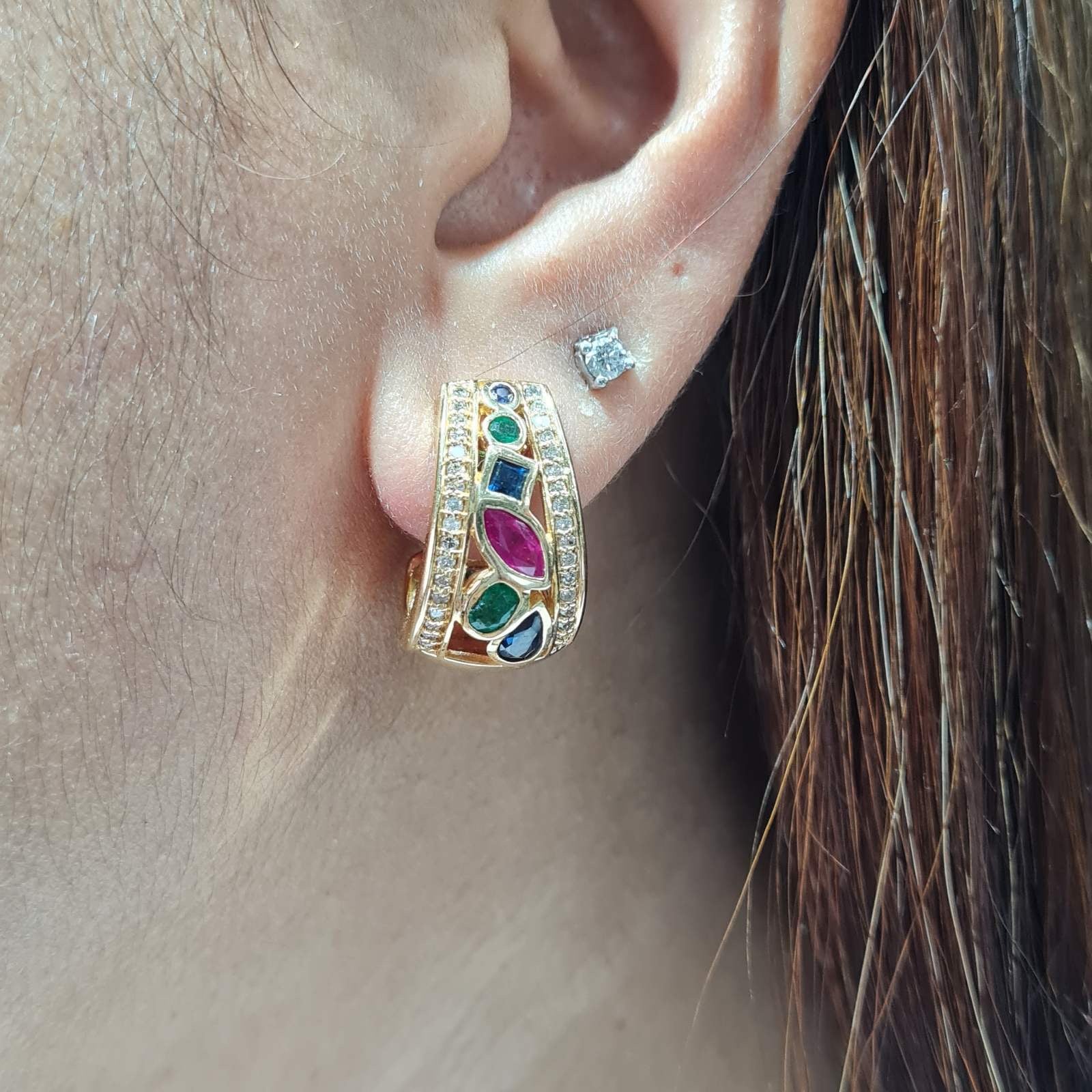 Golden Chunky Hoop Colored Gemstones Diamond Earrings 14K