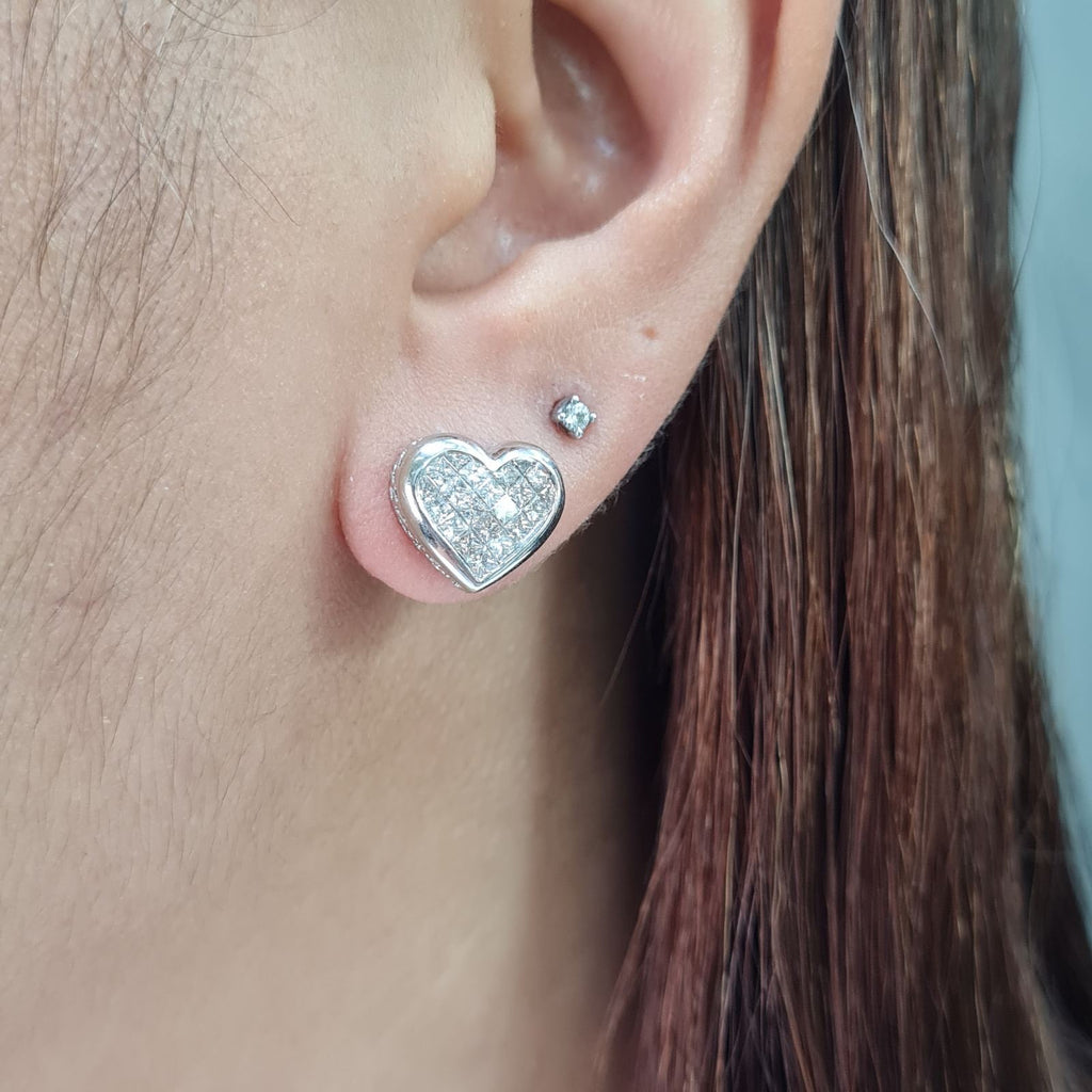 Classic Heart Bezel Invisible Setting Stud Diamond Earrings 18K