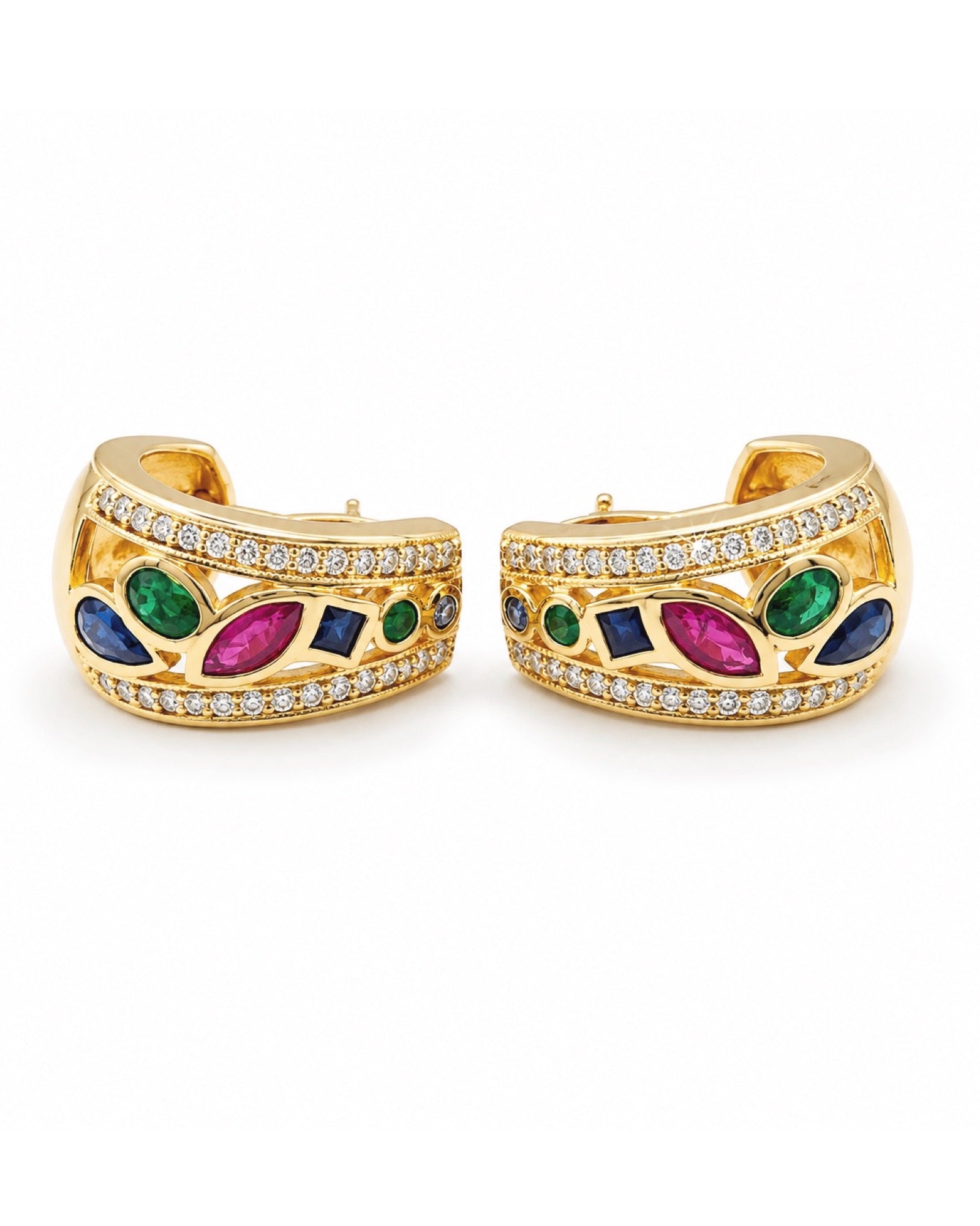 Golden Chunky Hoop Colored Gemstones Diamond Earrings 14K