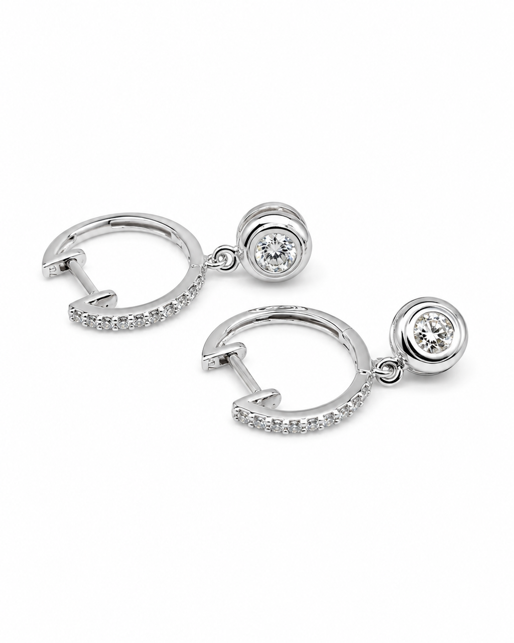 Classic Round Bezel Hoop Dangle Diamond Earrings 18K