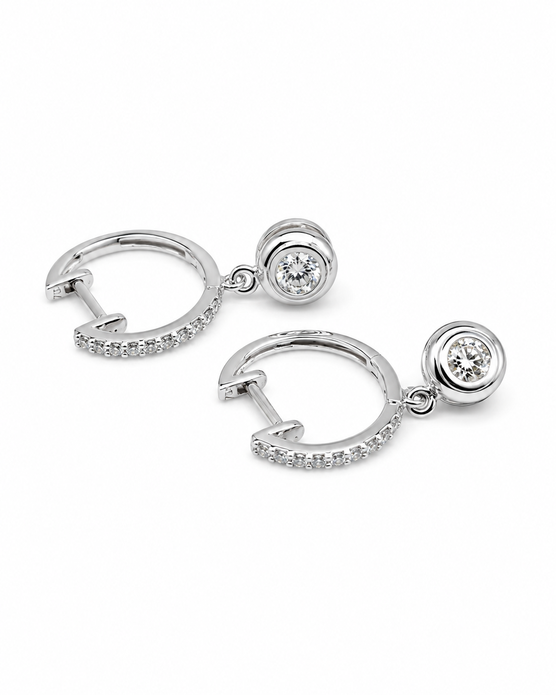 Classic Round Bezel Hoop Dangle Diamond Earrings 18K