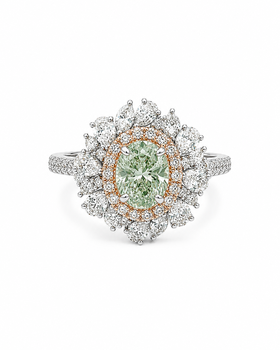 Rare Fancy Green Colored Diamond Halo Cluster Diamond Ring 14K