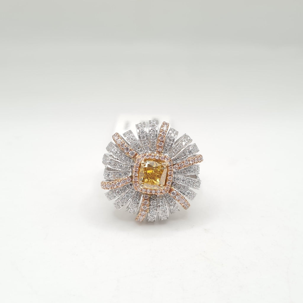 Floral Fancy Yellow Diamond Center Statement Diamond Ring 18K