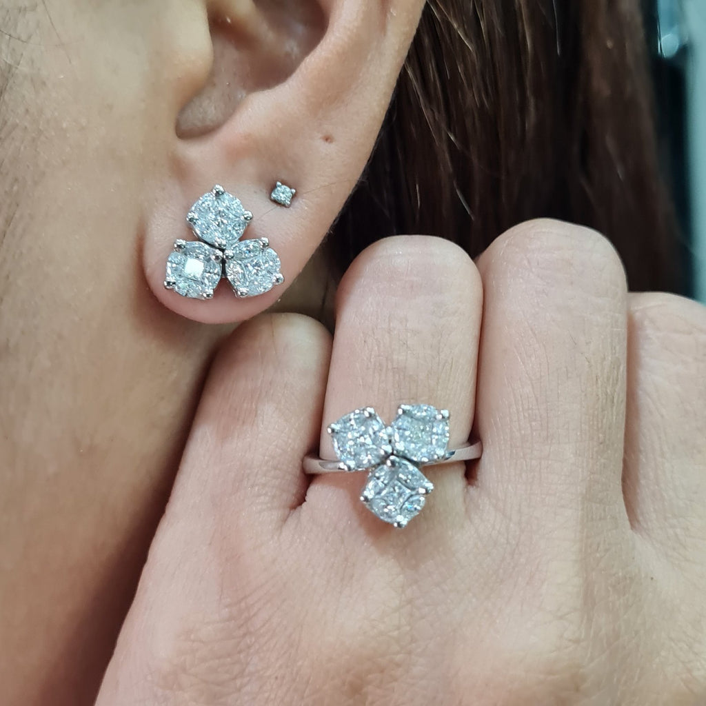 Classic Round Trefoil Round Invisible Setting Diamond Jewelry Set 14K