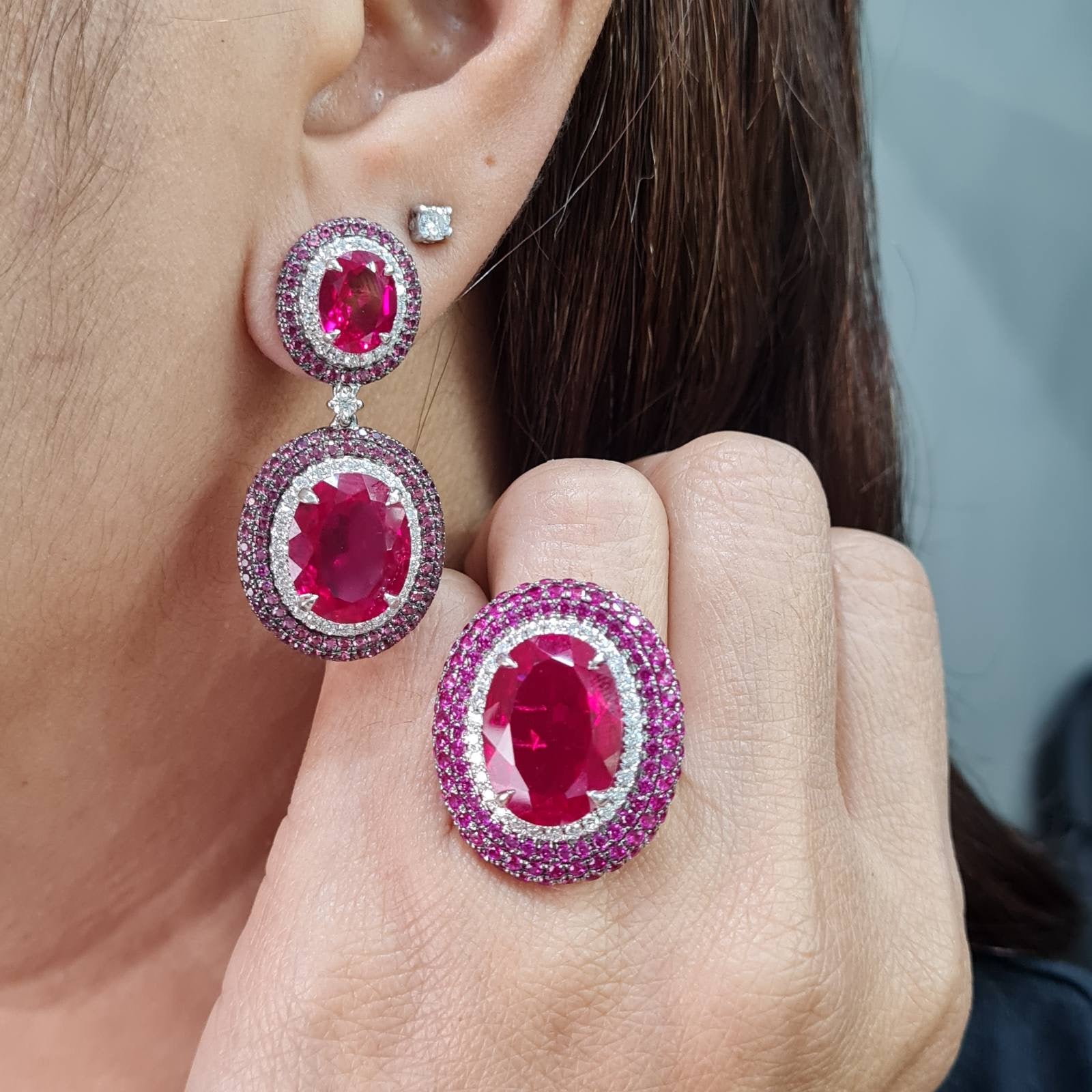 Pink Ruby Gemstones Twin Oval Dangling Statement Diamond Jewelry Set 14K