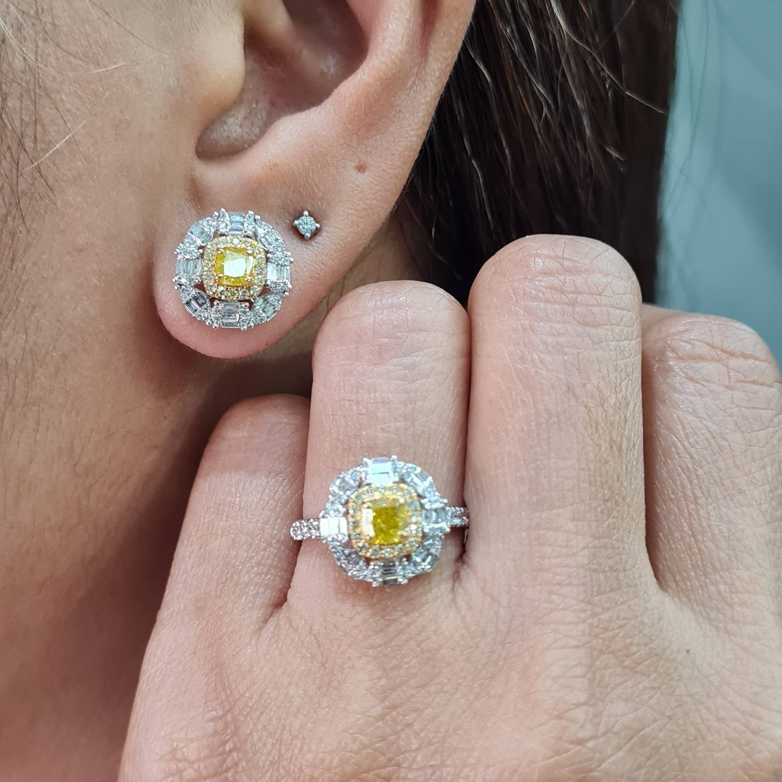 Rare Fancy Yellow Colored Diamonds Cushion Halo Baguette Diamond Jewelry Set 14K