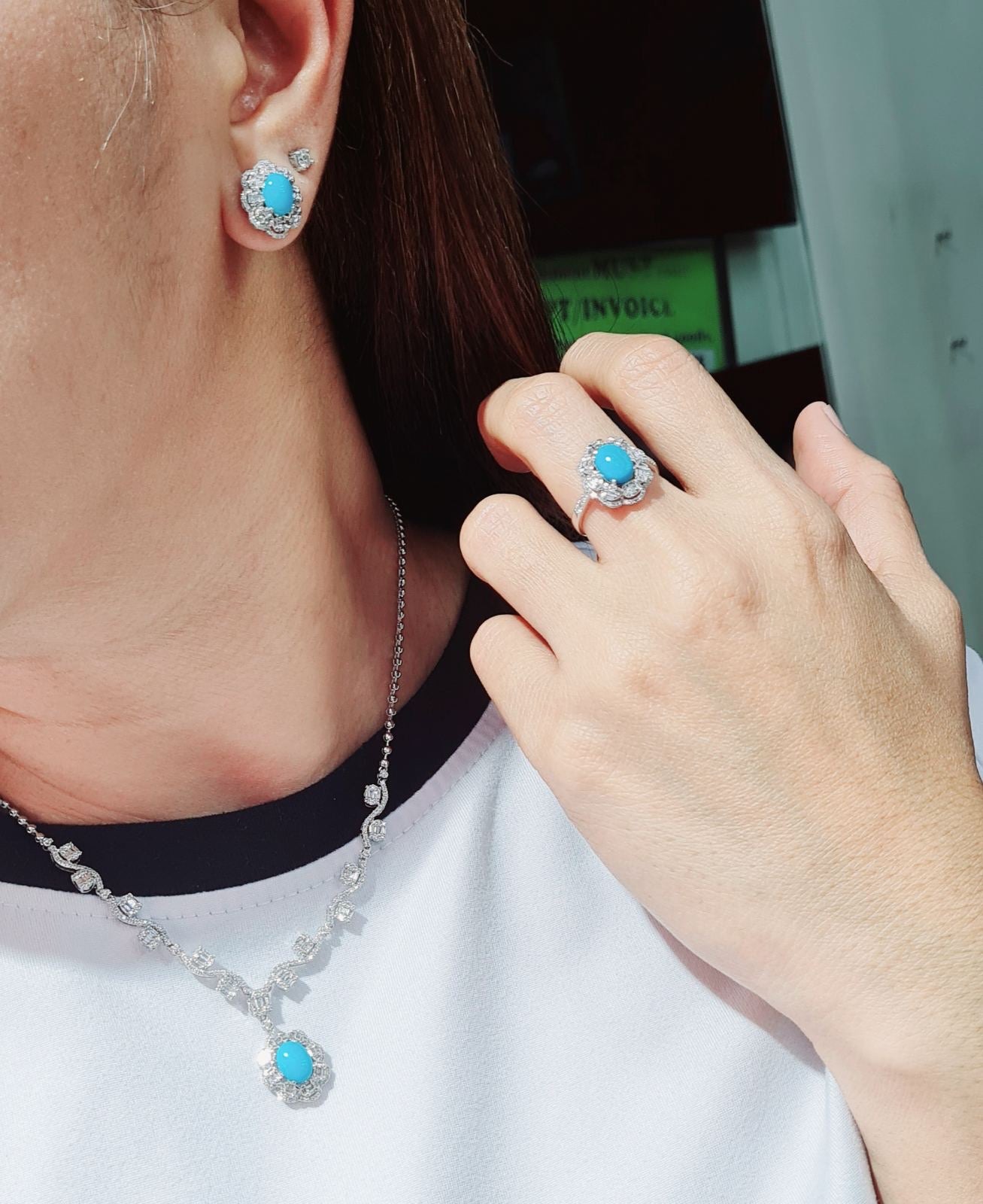 Turquoise Gemstones Floral Cluster Halo Diamond Jewelry Set 14K