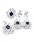 Blue Sapphire Gemstones Oval Deco Floral Dangling Statement Diamond Jewelry Set 14K