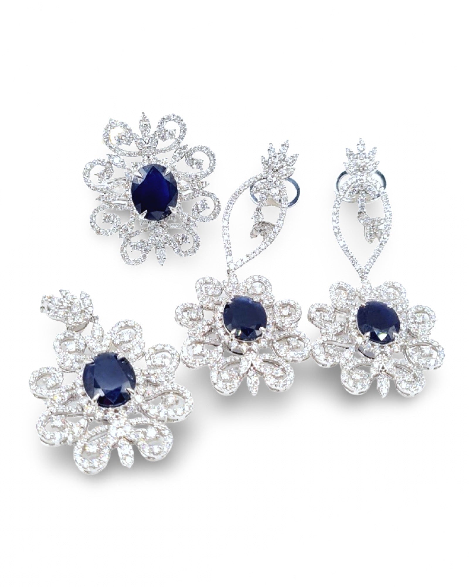 Blue Sapphire Gemstones Oval Deco Floral Dangling Statement Diamond Jewelry Set 14K