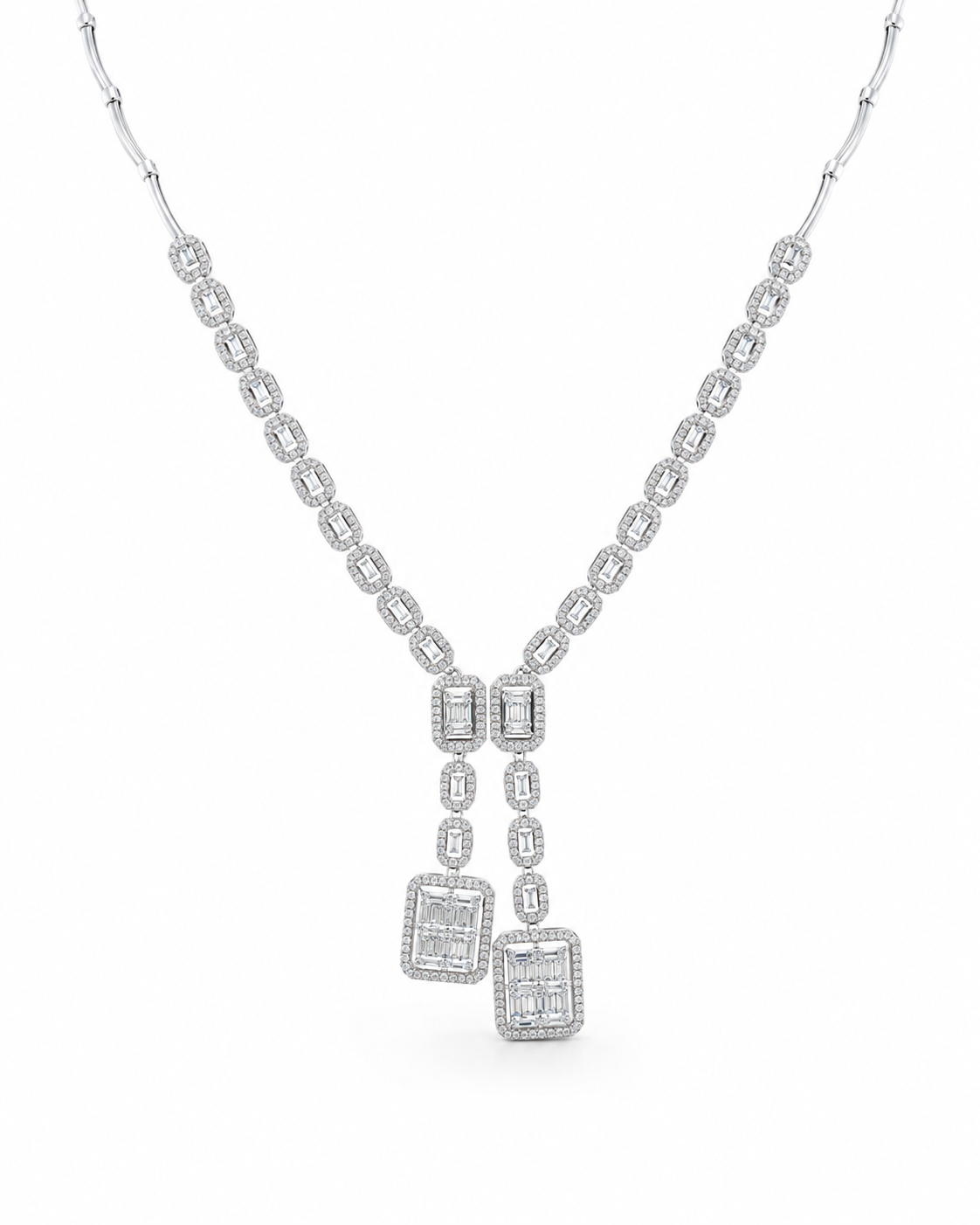 Classic Emerald Duo Drop Statement Diamond Necklace 14K