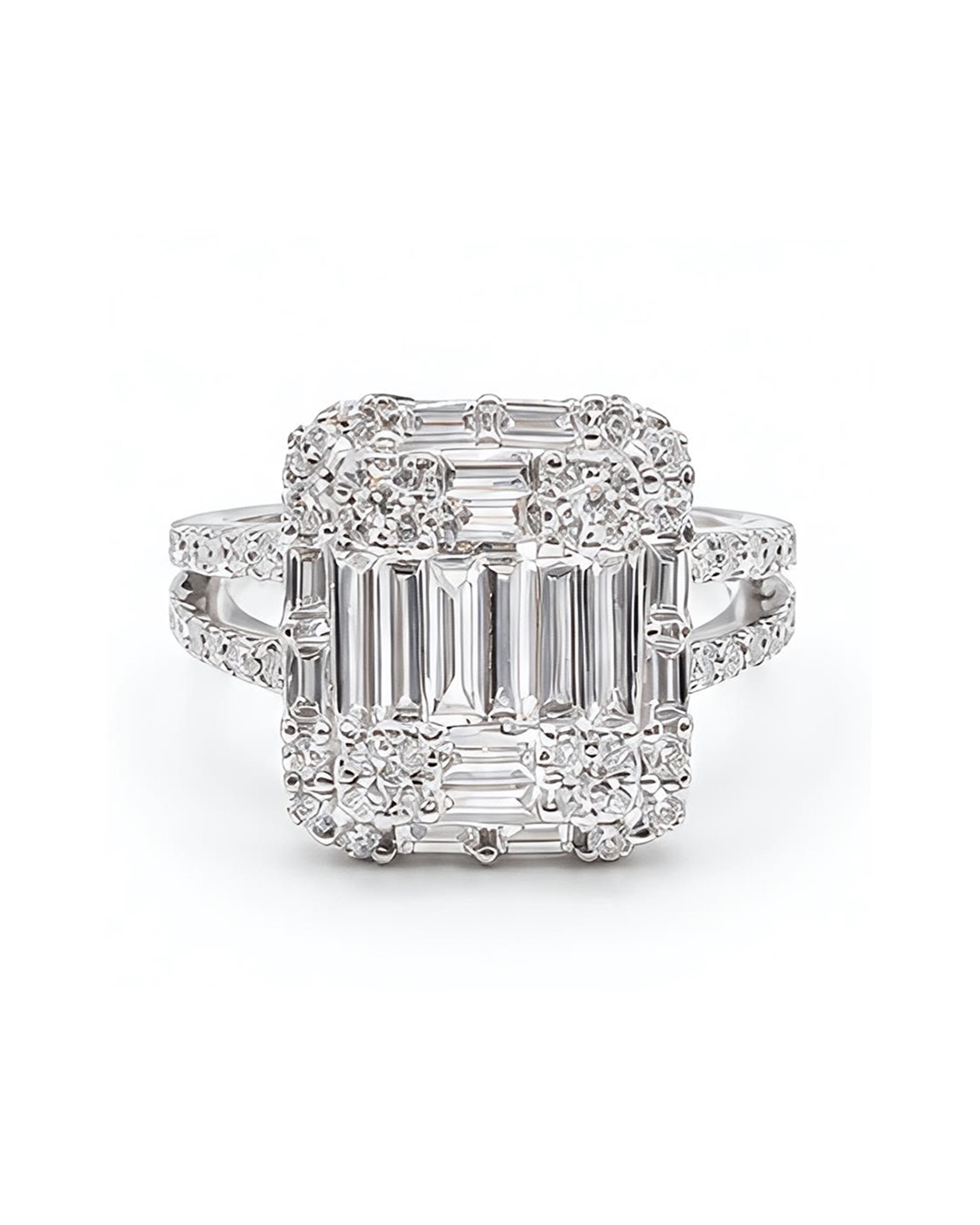 Classic Emerald Baguette Paved Statement Diamond Ring 18K