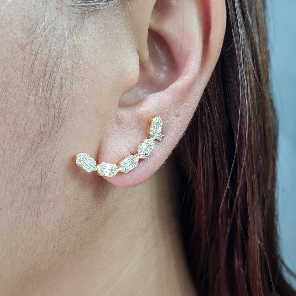 Classic Golden Baguette Ear Crawler Diamond Earrings 18K
