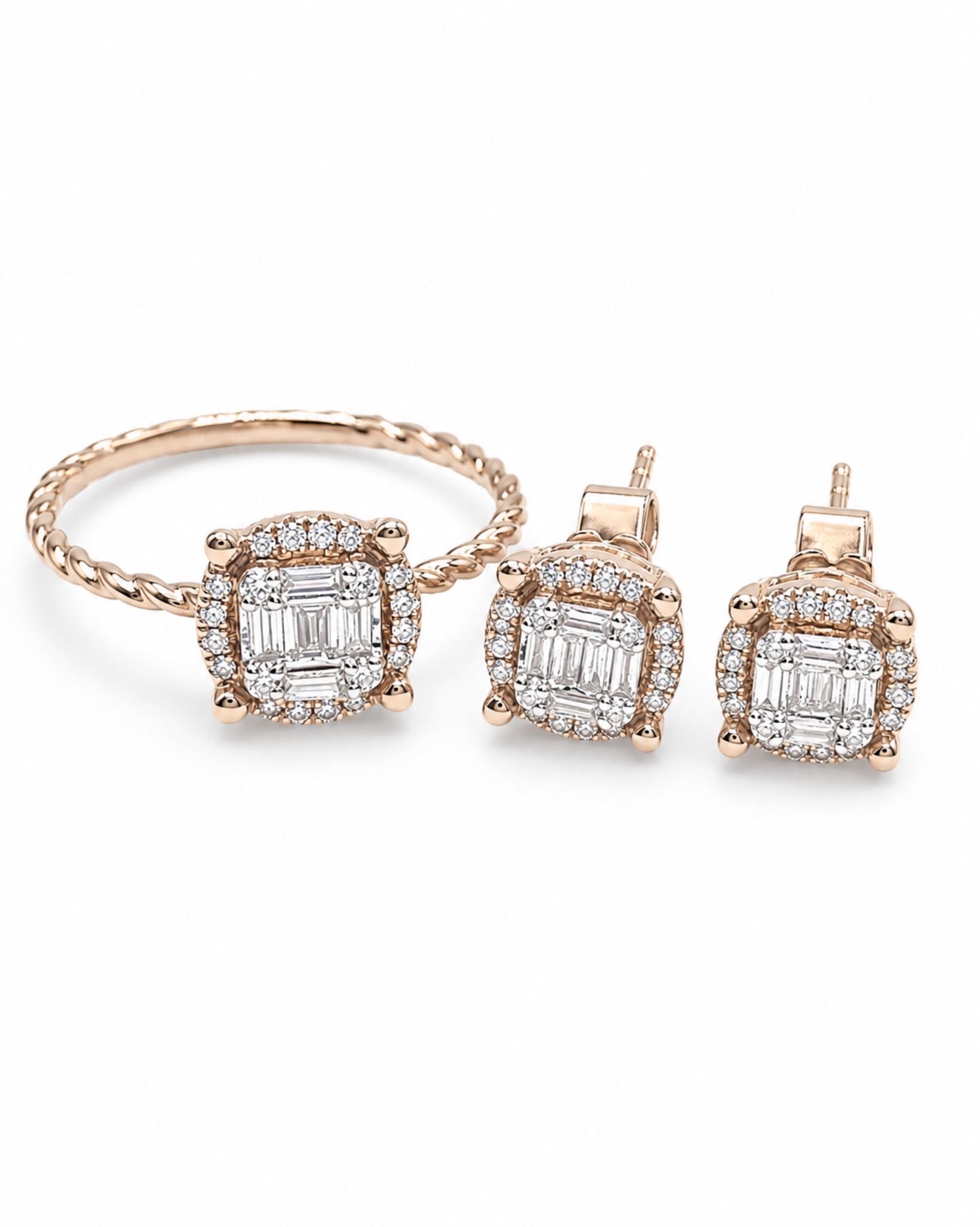 Classic Round Baguette Beaded Diamond Jewelry Set 14K