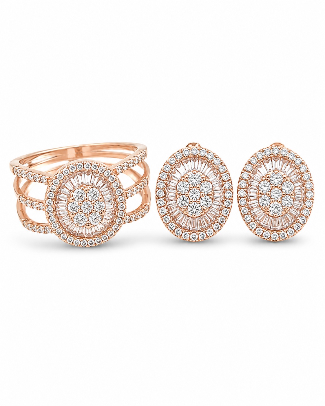 Classic Oval Halo Paved Diamond Jewelry Set 18K