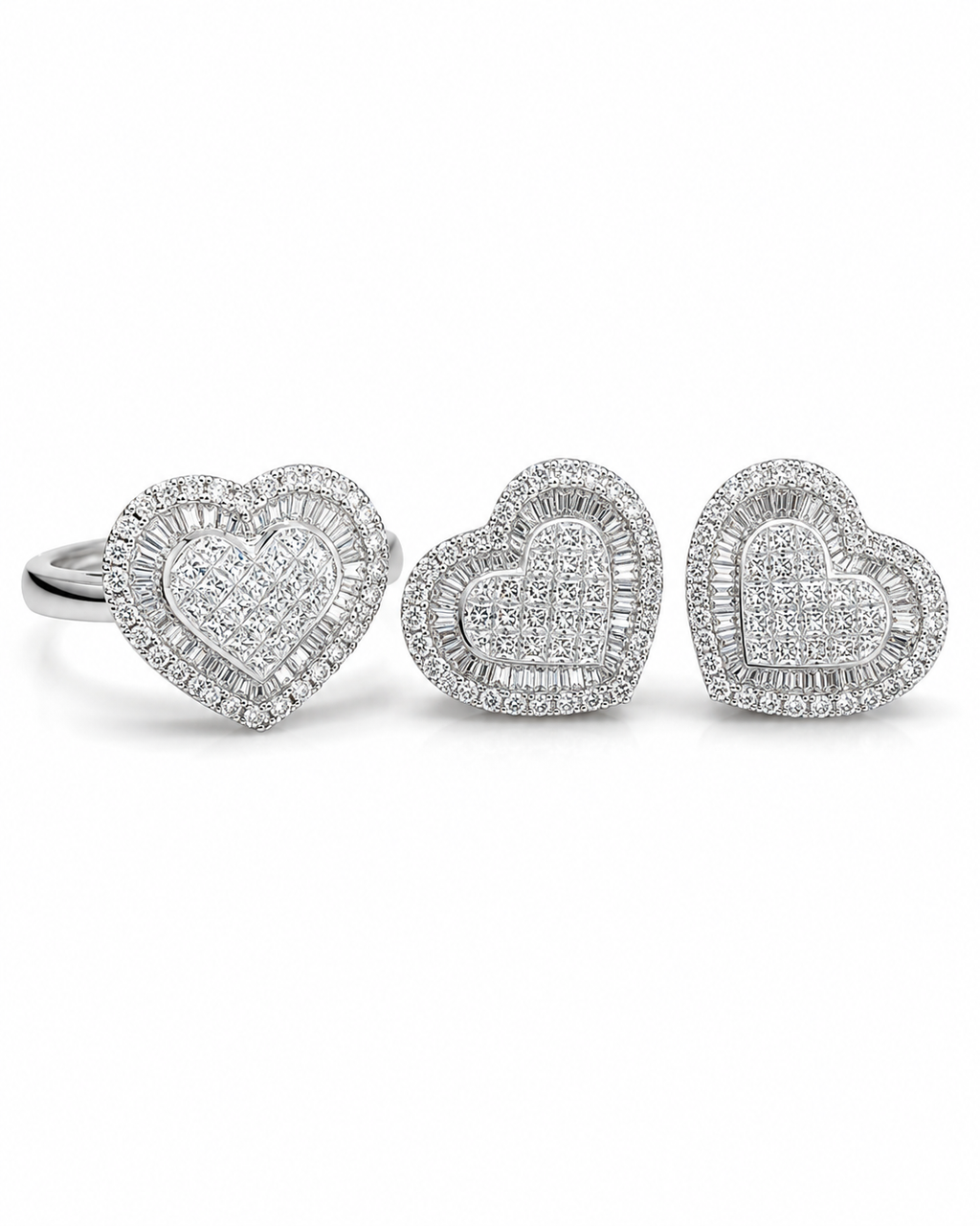 Classic Heart Invisible Setting Stud Diamond Jewelry Set 18K