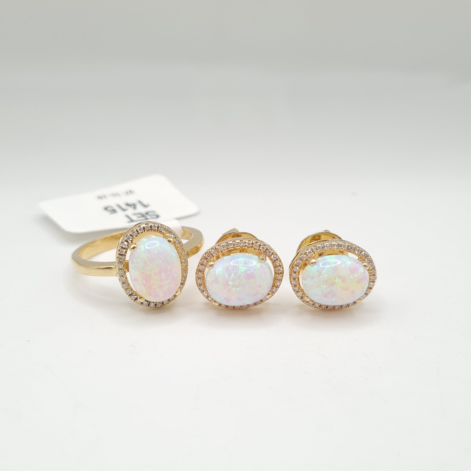 Golden Opal Gemstones Oval Halo Diamond Jewelry Set 14K