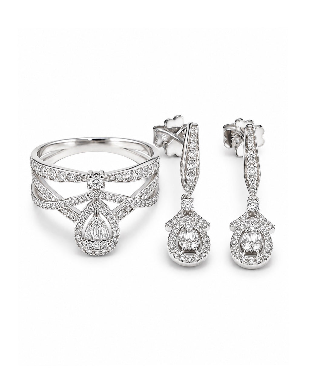 Classic Pear Halo Crown Paved Dangling Diamond Jewelry Set 14K