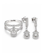 Classic Pear Halo Crown Paved Dangling Diamond Jewelry Set 14K