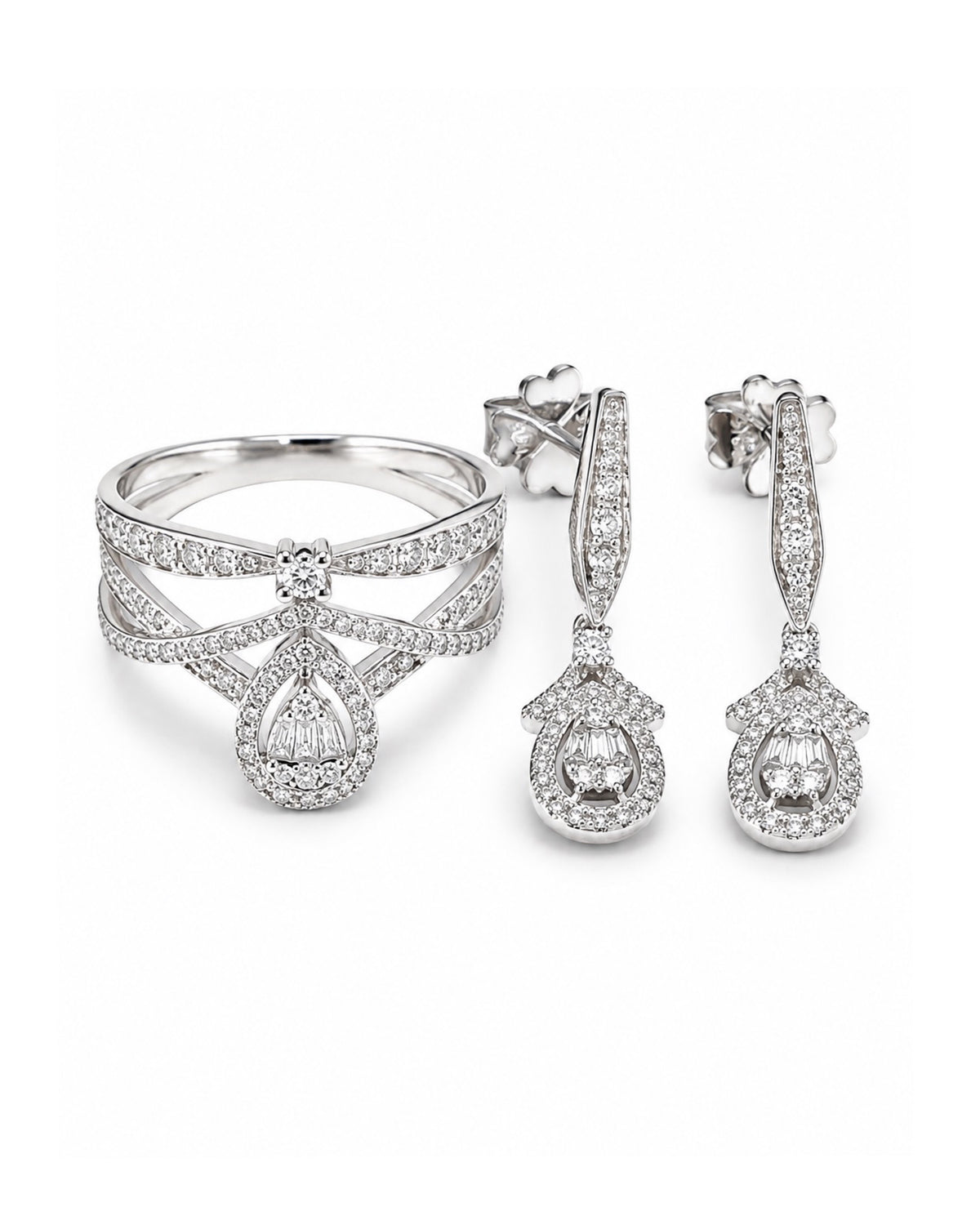 Classic Pear Halo Crown Paved Dangling Diamond Jewelry Set 14K