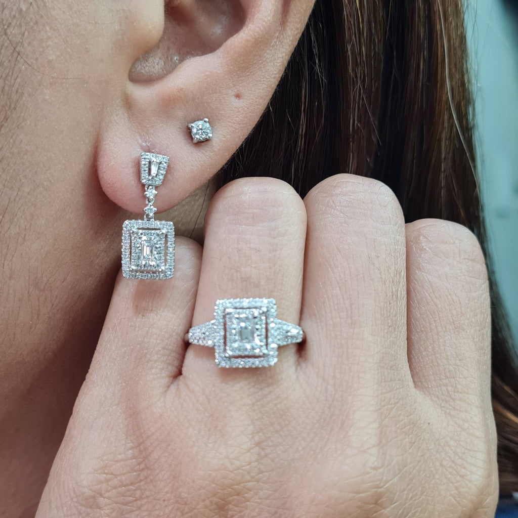 Classic Emerald Halo Baguette Dangling Diamond Jewelry Set 14K