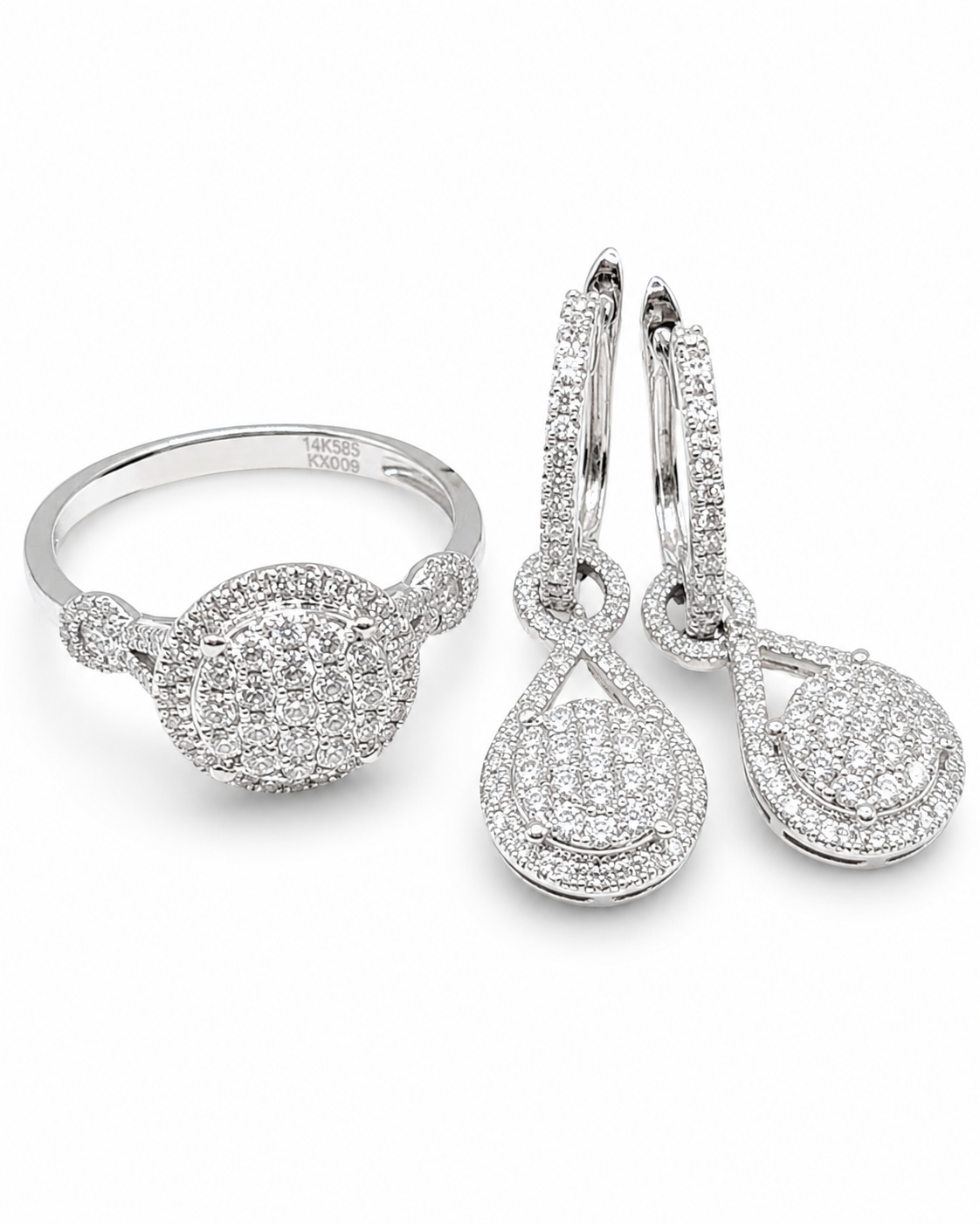 Classic Round Pear Dangling Hoop Diamond Jewelry Set 14K