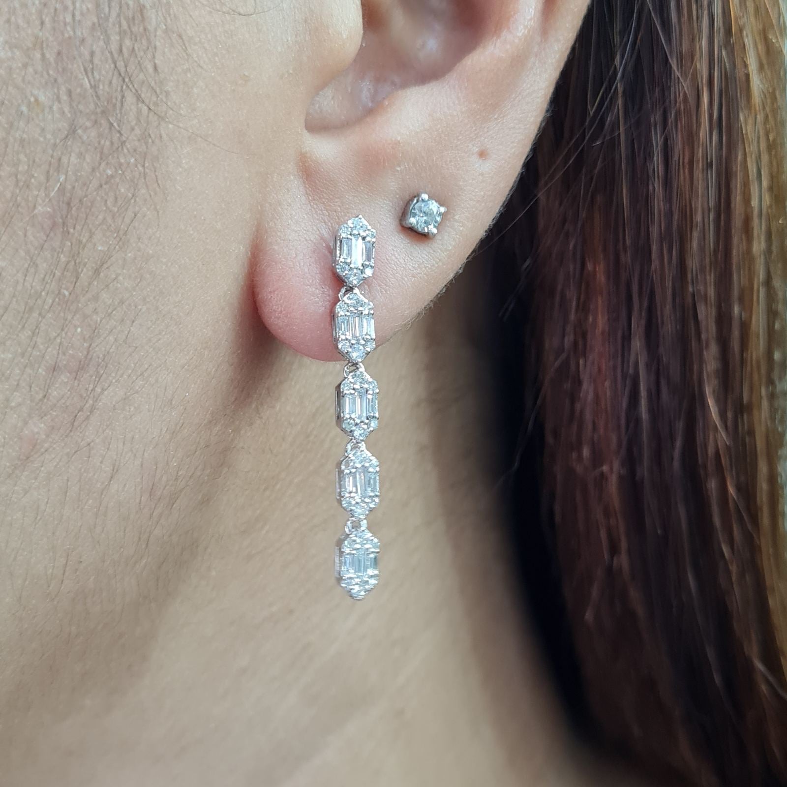 Round Baguette Drop Diamond Earrings 18K
