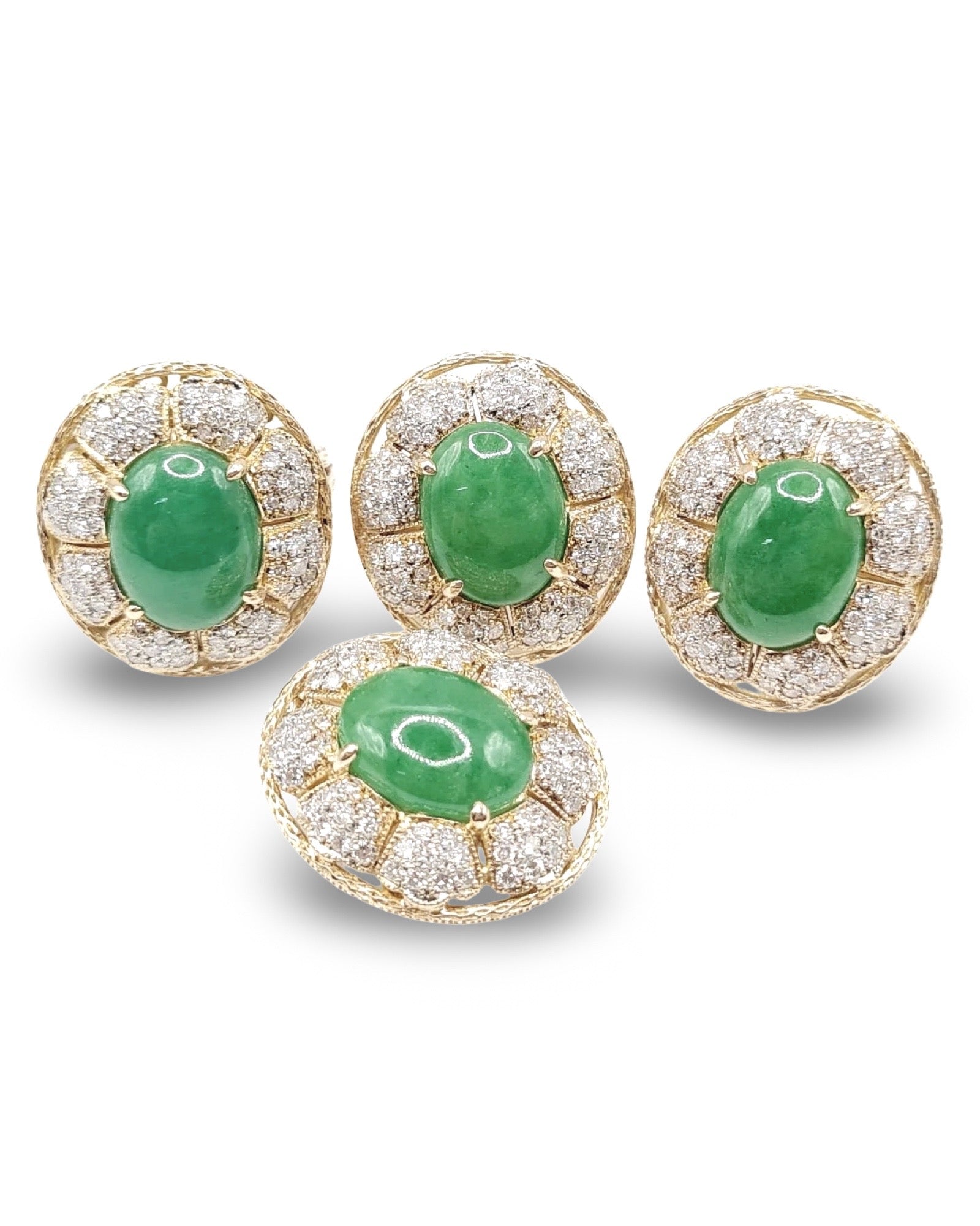 Golden Oval Jade Gemstones Diamond Jewelry Set 14K