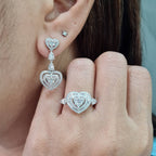 Classic Heart Double Halo Paved Dangling Diamond Jewelry Set 14K